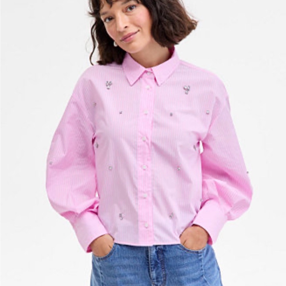 Elegant bubble gum embellished Pink Button Down Shirt